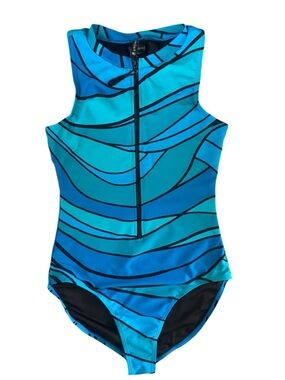 Spyder One Piece Swimsuit M Blue Zip Front Athletic Swimwear Surf Paddle Suit